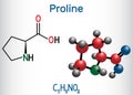 Proline L- proline, Pro , P proteinogenic amino acid molecule. Structural chemical formula and molecule model