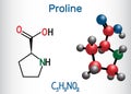 Proline L- proline, Pro , P proteinogenic amino acid molecule. Structural chemical formula and molecule model