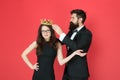 Prom queen. Bearded man crown sexy girl. Coronation party. Prom couple in formal style. Prom party. Holiday celebration