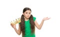 She is prom queen. little beauty in princess crown. small girl egoist isolated on white. Source of pride. childhood