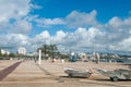 Promenade on cobblestone along the river Arade in Portimao, Portugal, 10.04.2021