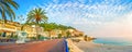 Promenade des Anglais in Nice at sunset. Cote d\'Azur, French riviera, France Royalty Free Stock Photo