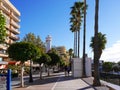 Promenade with shops overlooking the quiet beach in November in Marbella Andalucia Spain Royalty Free Stock Photo