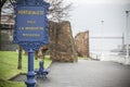 Promenade and sign city, at background Vizcaya bridge.Portugalete,Basque Country,Spain. Royalty Free Stock Photo