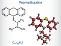 Promethazine antihistamine drug molecule. Structural chemical formula, molecule model. Vector Royalty Free Stock Photo