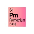 Promethium chemical element of Mendeleev Periodic Table on pink background. Royalty Free Stock Photo