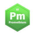 Promethium chemical element tile. Atomic number sixty one. Pm sign Vector icon. Lime green gradient hexagon. Royalty Free Stock Photo