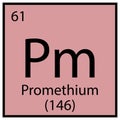 Promethium chemical symbol. Square frame. Mendeleev table element. Pink background. Vector illustration. Stock image. Royalty Free Stock Photo