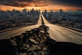 cracked highway leading to a large city skyline in the distance. fissures, ruptures, crevices.