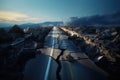 a deep long crack in the center of a city skyline highway. blue sunny sky. Royalty Free Stock Photo