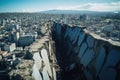 a large crack cutting through a vast city skyline. tilt shift effect.