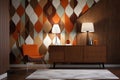 A prominent geometric pattern stands out on the wall bringing the midcentury style to the room.. AI generation