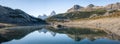 Prominent mountain reflecting in alpine lake, panorama, Mt Assiniboine Provincial Park, Canada