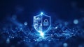 The prominent shield in the center is cut in half, the left shows a polygonal connection, the right has a large padlock. Binary