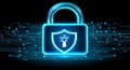 Prominently displayed on a circuit board is a digital padlock featuring an illuminated shield emblem, encircled by Royalty Free Stock Photo