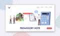 Promissory Note, Simple Loan Agreement Landing Page Template. Tiny Characters Promise to Pay, Money Borrowing Document