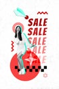 Promo banner collage of cute dreamy girl dressed stylish clothes autumn special sale isolated on drawing background