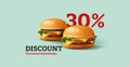 Promo banner with 3d render illustration of classic burger and double cheeseburger with beef and cheese with vegetables