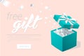 Promo banner with Open Gift Box and silver Confetti. Turquoise jewelry box. Template for cosmetics jewelry shops Royalty Free Stock Photo