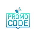 Promo code. Badge, mark on megaphone. Flat vector illustrations on white background. Royalty Free Stock Photo