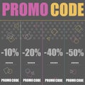 Promo code, coupon code. Flat vector banner design illustration on black background. Royalty Free Stock Photo