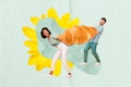 Promo collage advertisement two cooking people carry huge french sweet french croissant dessert cafeteria isolated on