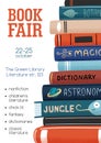 Promo poster for book fair with stack of different academic and entertainment literature vector flat illustration