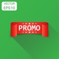 Promo ribbon icon. Business concept promo sticker label pictogram. Vector illustration on green background with long shadow.