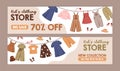 Promo sale banners templates for kids clothes shops, retail stores, markets. Discount, price off advertisements, ad