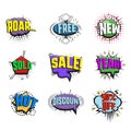 Promo speech bubbles. Flat bubble, sale tags frames and cartoon explosion. Discount labels, comic dialog art banners Royalty Free Stock Photo