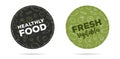 Promo tags or stickers for food market with line illustrations of different vegetables and typography, round shape