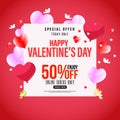 Promo Web Banner for Valentine`s Day Sale. Beautiful Background with Red Fabric Hearts and love birds. Vector Illustration with Royalty Free Stock Photo