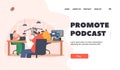 Promote Podcast Landing Page Template. People Sitting at Desk with Microphones and Computer Desktop, Speaking