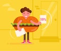 Promoter in a hamburger costume handing out leaflets. Vector. Cartoon. Isolated art on white background. Flat