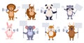 Promoters animals with blank banner. Happy cartoon animals with speech bubble. Royalty Free Stock Photo