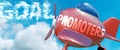Promoters helps achieve a goal - pictured as word Promoters in clouds, to symbolize that Promoters can help achieving goal in life
