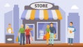 Promoters and shoppers people near milk and dairy store vector illustration banner.