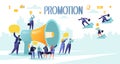 Promoter speaks in big megaphone and attracts buyers of investors and businessmen. Royalty Free Stock Photo