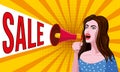 Promotion, advance Sale, Woman shouting in megaphon, loudspeaker. Female cartoon character announcing for advertising Royalty Free Stock Photo