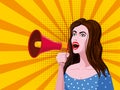 Promotion, advance, Woman shouting in megaphon, loudspeaker. Female cartoon character announcing for advertising Royalty Free Stock Photo