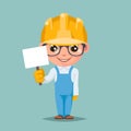 Promotion advert stick cute builder engeneer mascot happy support approval cartoon character design vector illustration