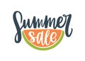 Promotion banner with handwritten cursive advertising text. Summer Sale lettering written on watermelon for seasonal