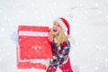 Woman in snow. Promotion and bonuses. Merry Christmas and Happy Holidays. Christmas winter people. Give gift. Portrait Royalty Free Stock Photo