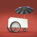 Promotion counter on wheels with umbrella, food, ice cream, hot dog push cart Retail Trade Stand Isolated render Royalty Free Stock Photo