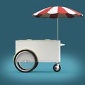 Promotion counter on wheels with umbrella, food, ice cream, hot dog push cart Retail Trade Stand render Royalty Free Stock Photo