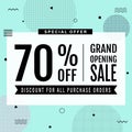 Promotion grand opening banner design template. Memphis sale banner. Social media banner with text on mint green background in Royalty Free Stock Photo
