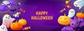 Promotion halloween banner, 3d ghost candy and pumpkin. Horror happy party characters, spooky bats and ghosts. Pithy