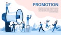 Promotion with megaphone. Big loudspeaker, promoter speaks people, attracts investors and businessmen, social media