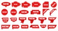 Promotion new arrival stickers, circle and arrows red retro marks. Clean signs and labels. Product stamps, tags, ribbons