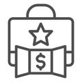 Promotion portfolio with dollar line icon. Elite briefcase makes profit with star symbol, outline style pictogram on Royalty Free Stock Photo